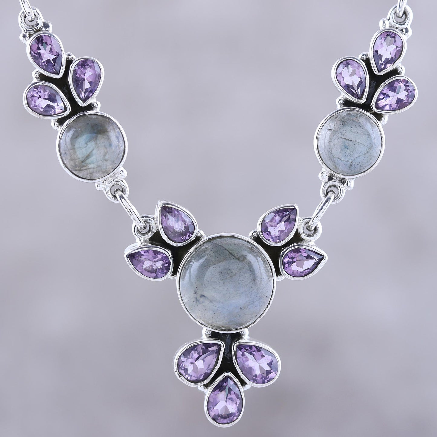 Aurora Blossom Amethyst and Labradorite Pendant Necklace from India