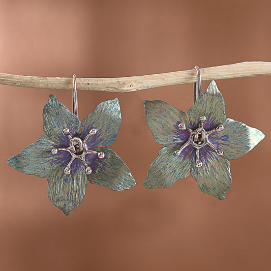 Starry Bloom Floral Titanium Plated Sterling Silver Drop Earrings