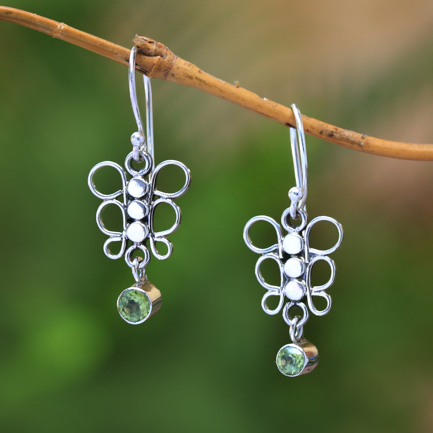 Round Butterfly Circle Motif Peridot Dangle Earrings from Bali