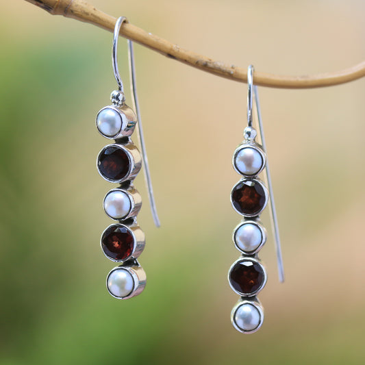 Beautiful Constellation Garnet and Cultured Pearl Drop Earrings from Bali