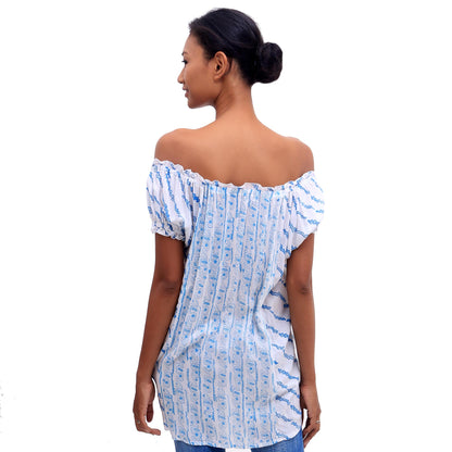 Azure Helix Helix Motif Rayon Off-The-Shoulder Blouse from Bali