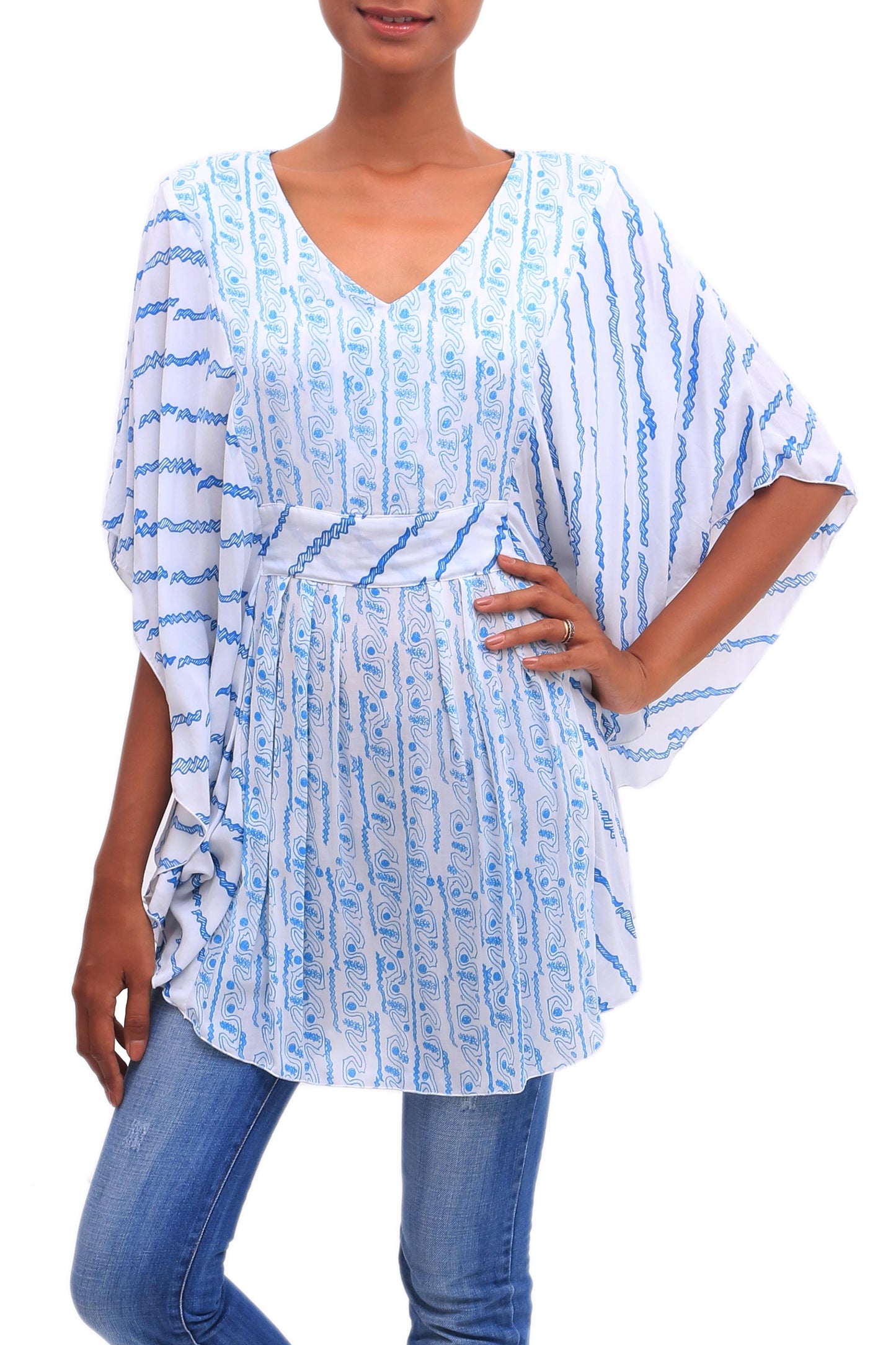 Azure Helix Helix Motif Rayon Blouse in Azure from Bali