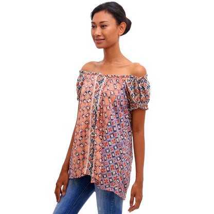 Kelud Crisscross Chili and Azure Rayon Off-The-Shoulder Blouse from Bali