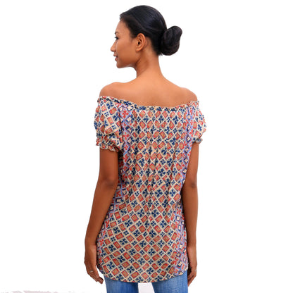 Kelud Crisscross Chili and Azure Rayon Off-The-Shoulder Blouse from Bali