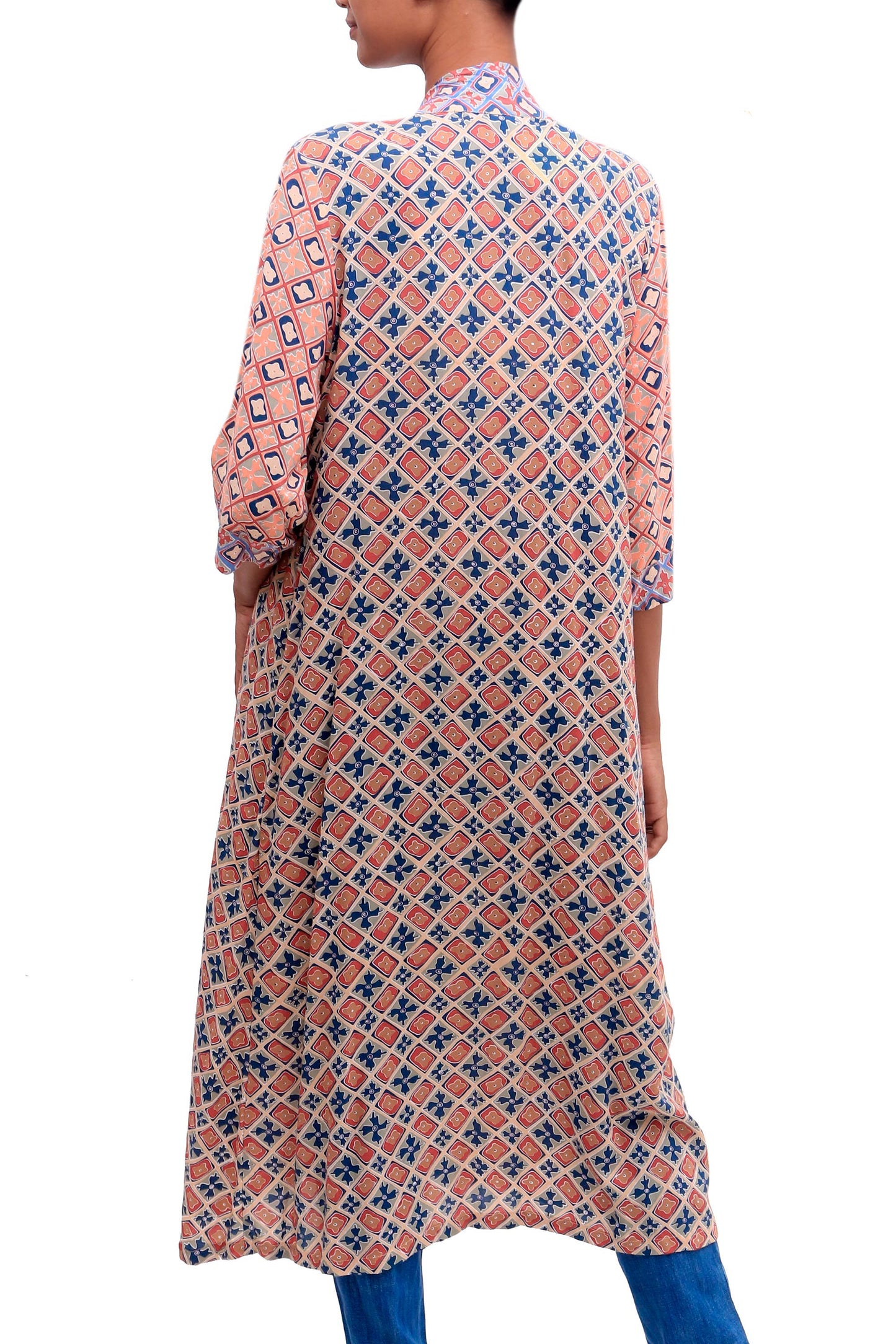 Kelud Crisscross Chili and Azure Printed Rayon Long Kimono from Bali