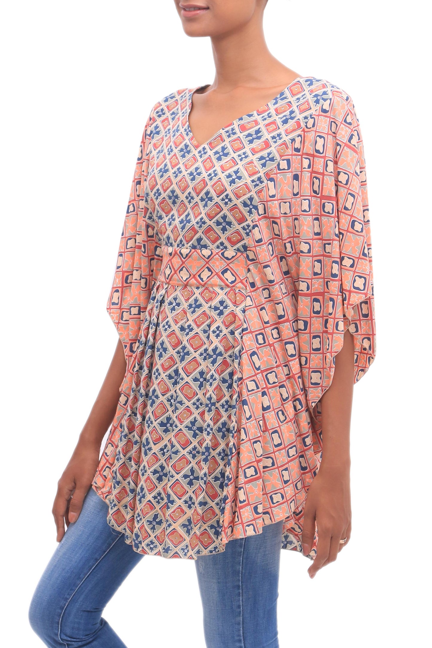 Kelud Crisscross Chili and Azure Printed Rayon Blouse from Bali