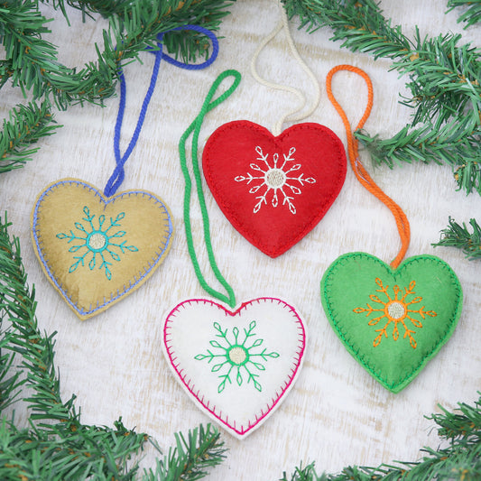 Folk Art Hearts Set of 4 Assorted Color Wool Felt Heart Ornaments