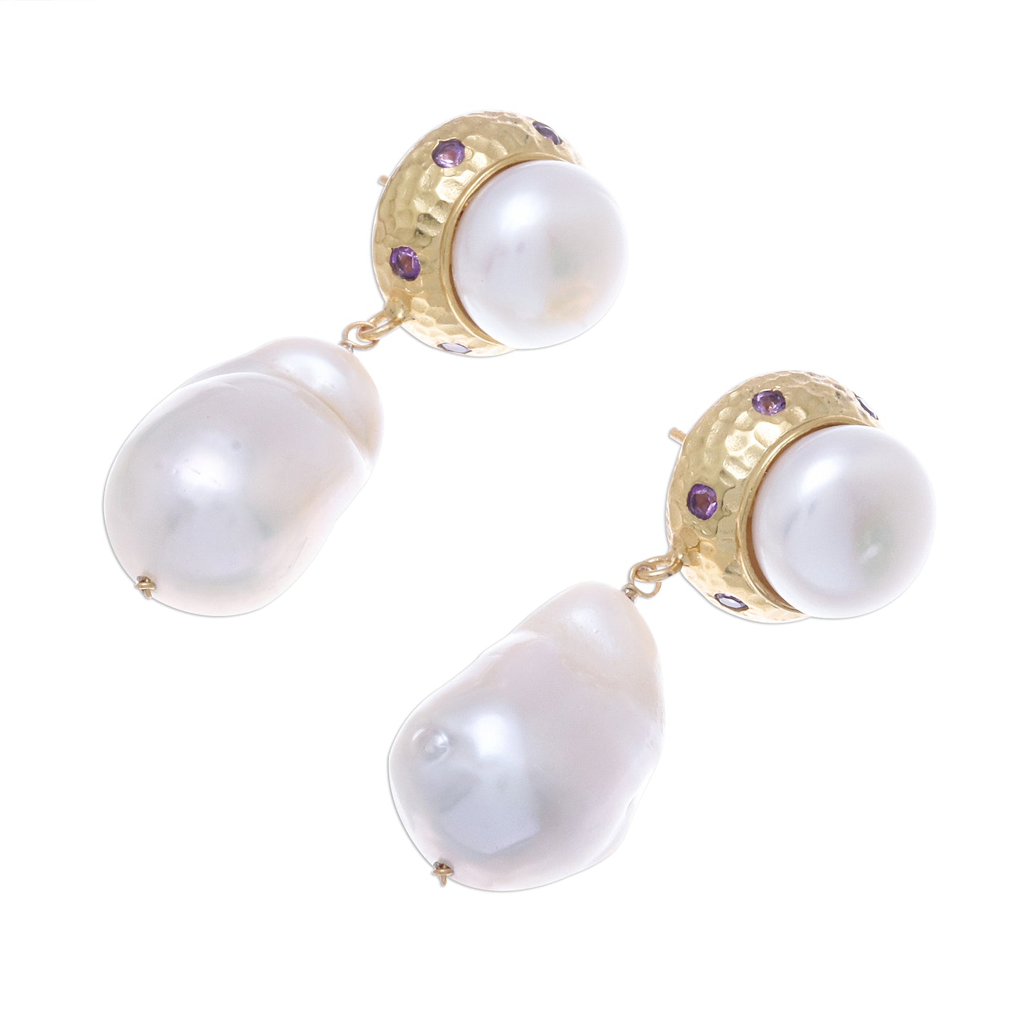 Pure Ocean Gold Plated Cultured Pearl and Amethyst Dangle Earrings