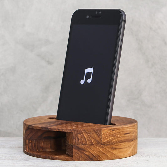 Modern Sound Round Teak Wood Phone Speaker from Thailand