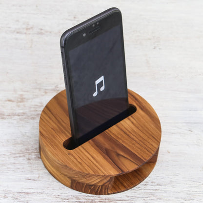 Modern Sound Round Teak Wood Phone Speaker from Thailand