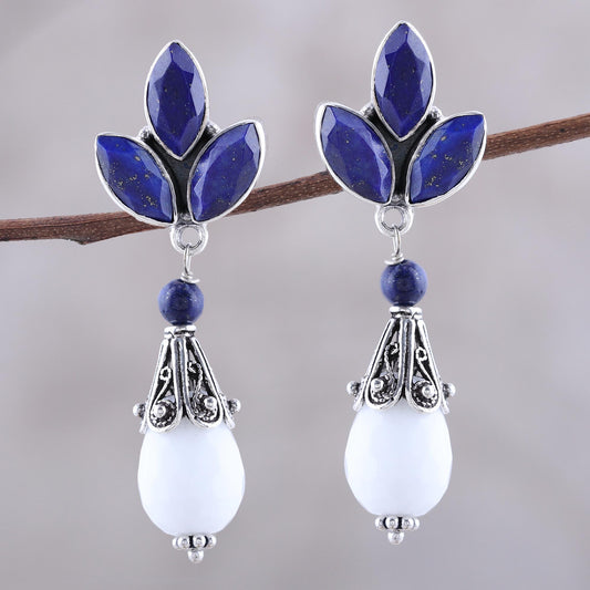 Glowing White Agate and Lapis Lazuli Dangle Earrings from India