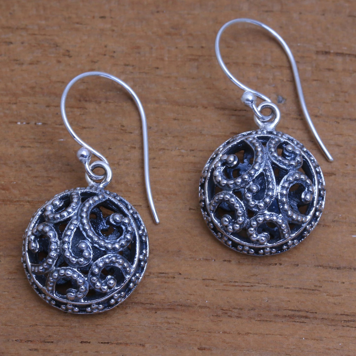 Dewy Disc Dot Pattern Openwork Sterling Silver Dangle Earrings