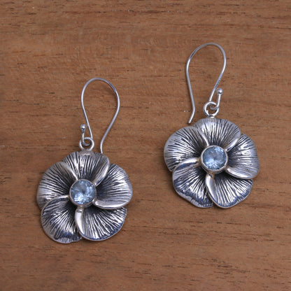 Plumeria Sparkle Blue Topaz Frangipani Flower Dangle Earrings from Bali