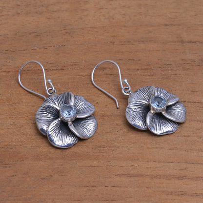 Plumeria Sparkle Blue Topaz Frangipani Flower Dangle Earrings from Bali