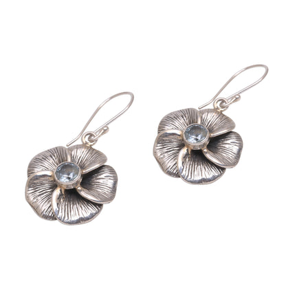 Plumeria Sparkle Blue Topaz Frangipani Flower Dangle Earrings from Bali