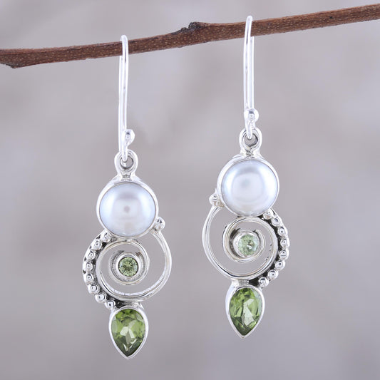 Elegant Labyrinth Cultured Pearl Peridot Sterling Silver Dangle Earrings