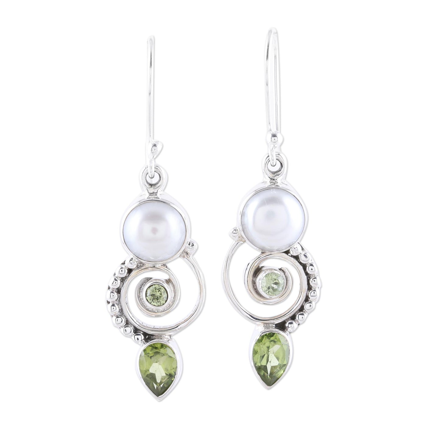 Elegant Labyrinth Cultured Pearl Peridot Sterling Silver Dangle Earrings