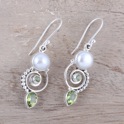 Elegant Labyrinth Cultured Pearl Peridot Sterling Silver Dangle Earrings