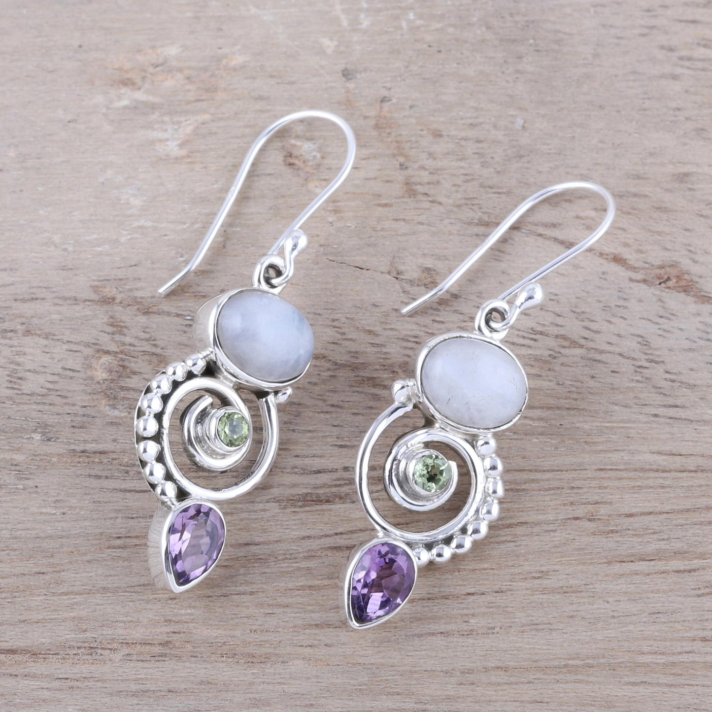 Twilight Labyrinth Multi-Gemstone and Sterling Silver Spiral Dangle Earrings