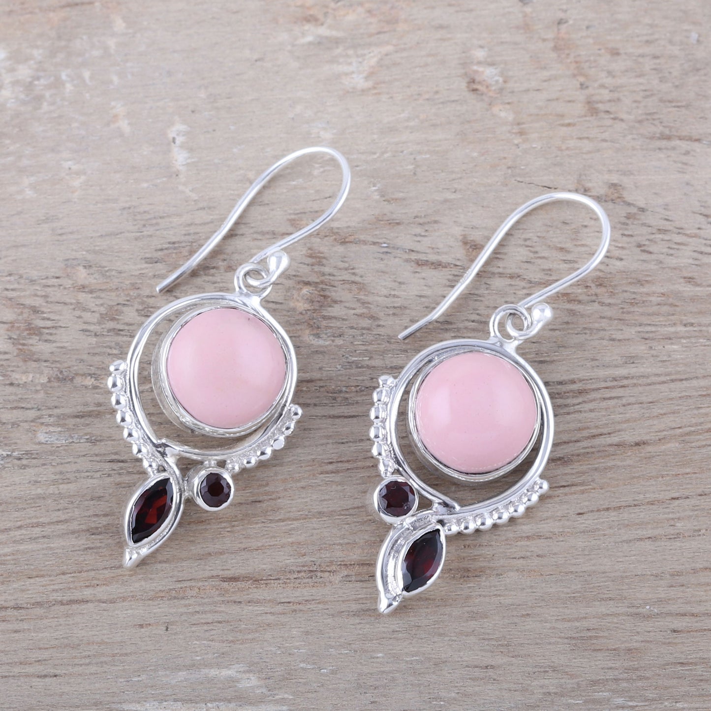 Glory in Pink Opal and Garnet Dangle Earrings from India