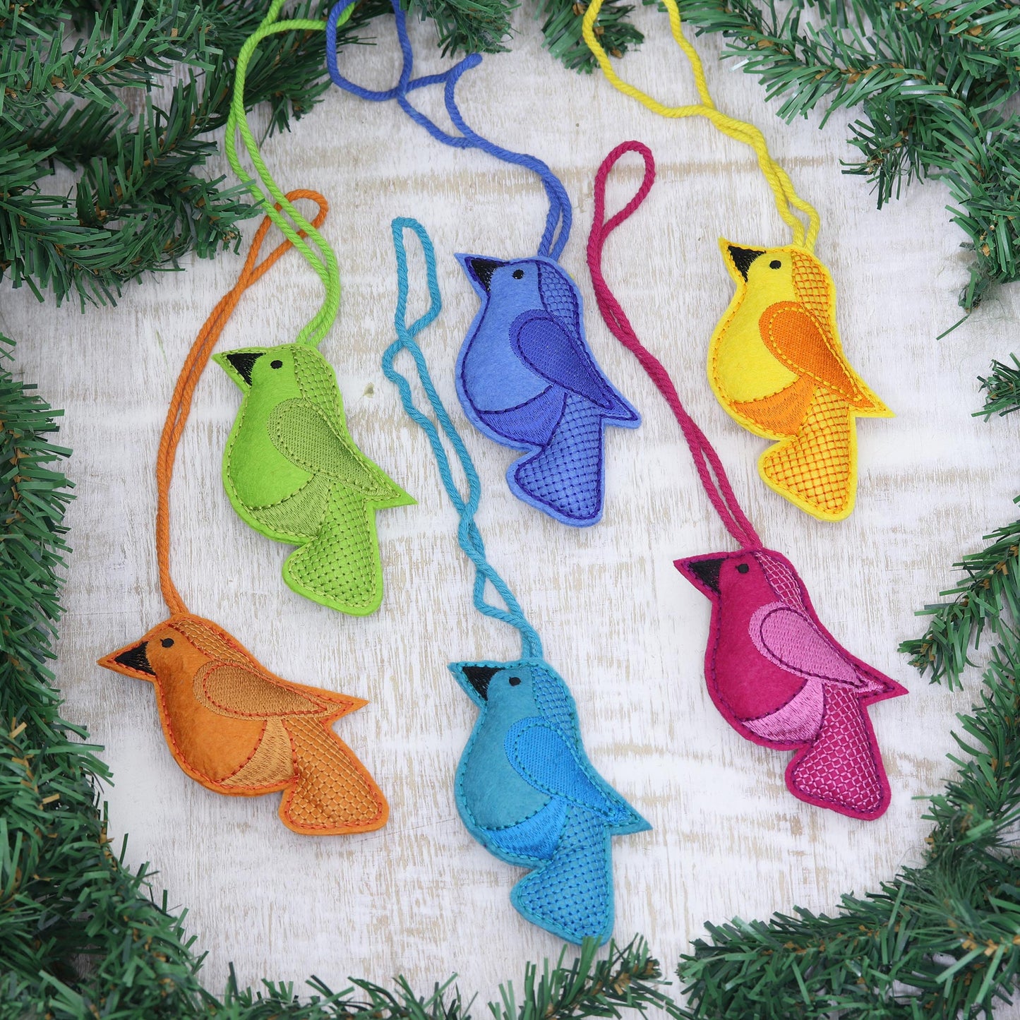 Christmas Sonata Assorted Wool Felt Bird Ornaments from India (Set of 6)