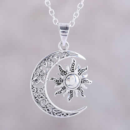 Celestial Duo Sun and Crescent Moon Sterling Silver Pendant Necklace