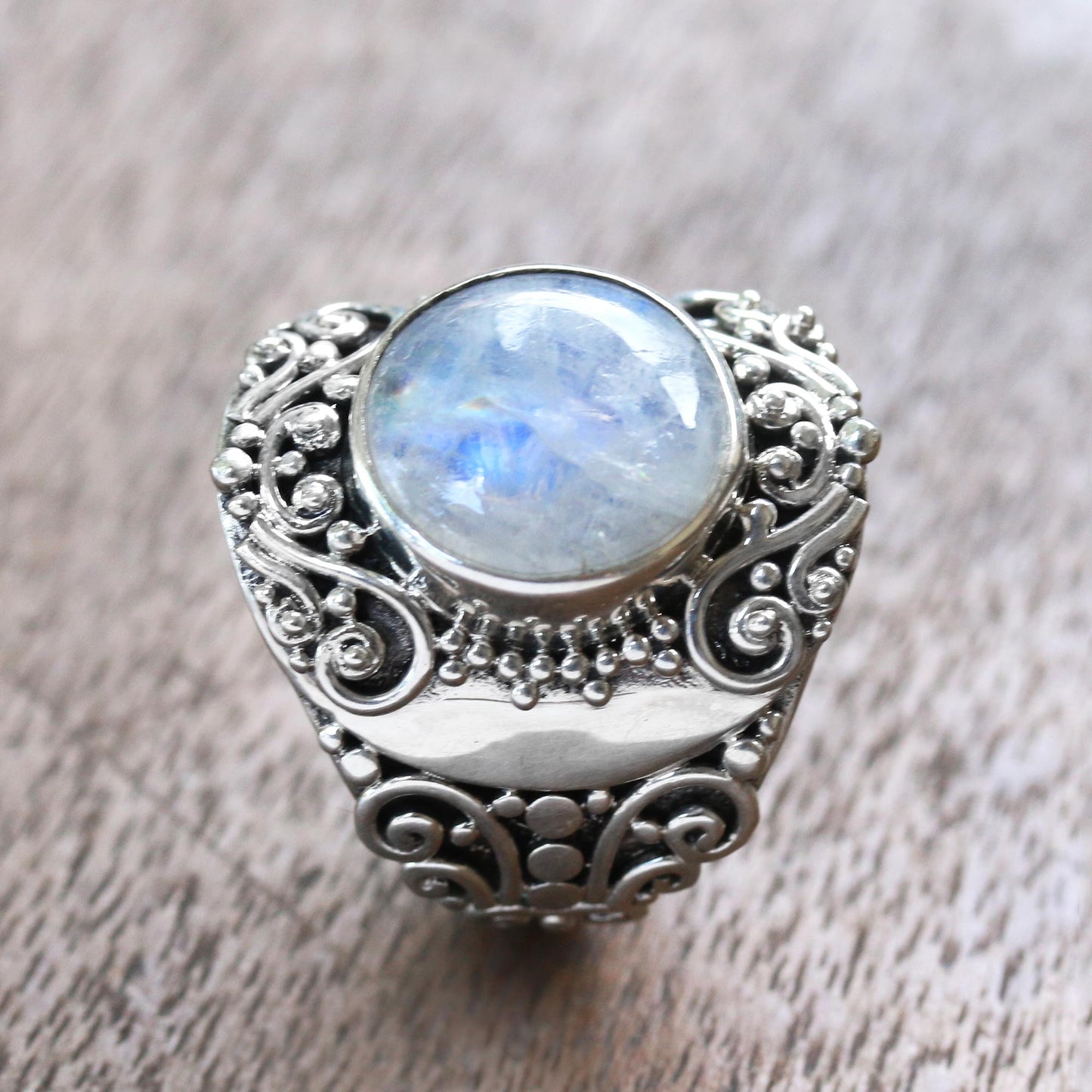 Nighttime Garden Rainbow Moonstone Cocktail Ring from Bali