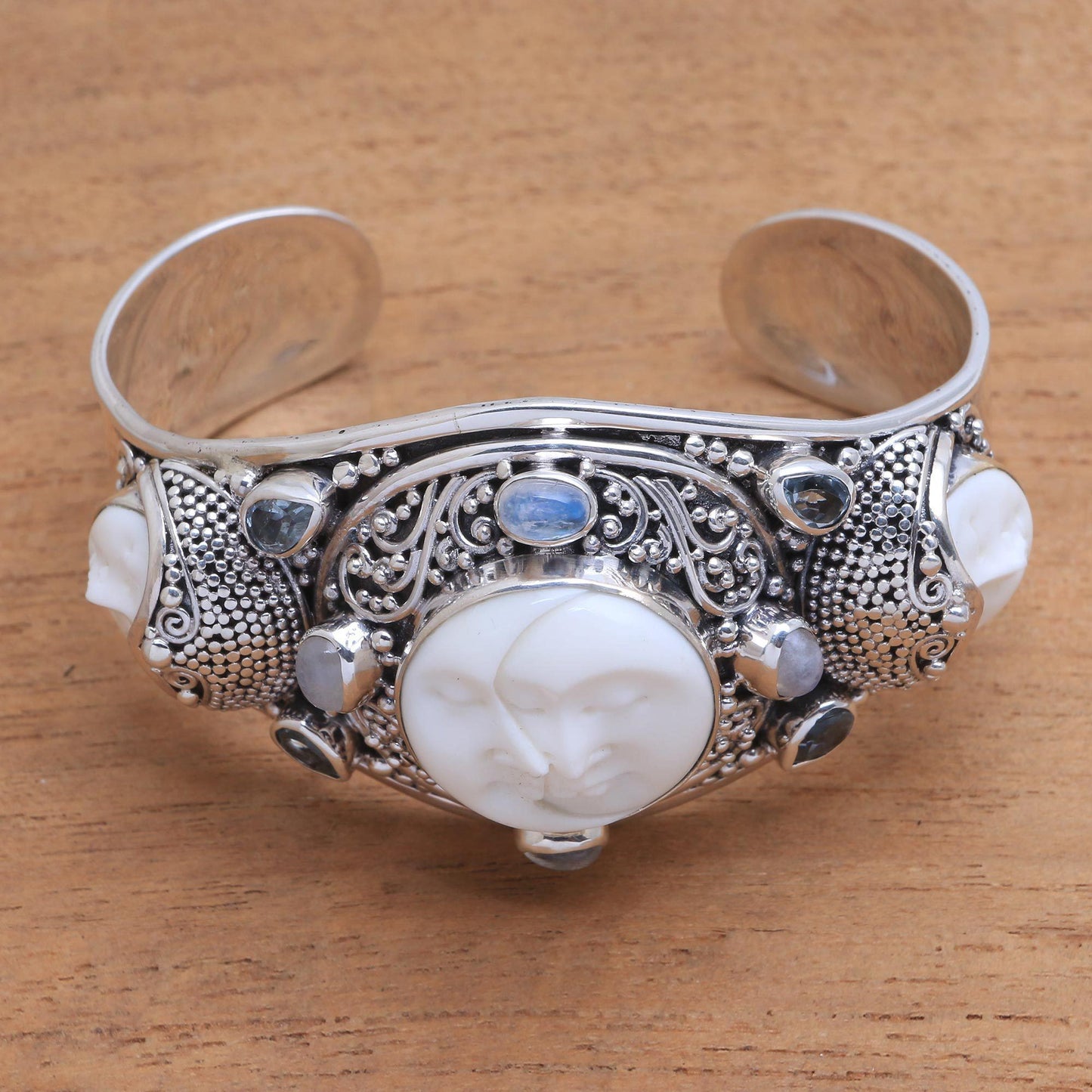 Keeper of the Moon Multi-Gem Sterling Silver & Bone Cuff Bracelet