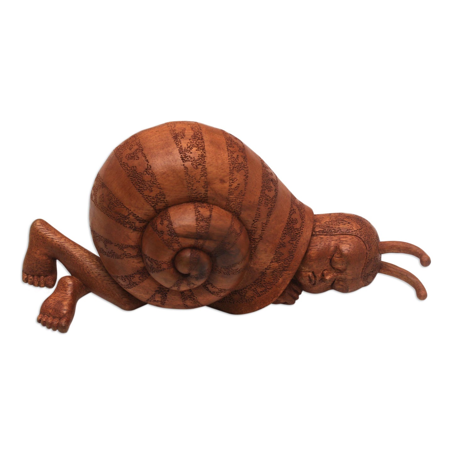 Slumbering Snail Snail-Themed Surrealist Suar Wood Sculpture from Indonesia