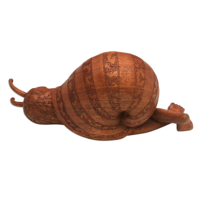 Slumbering Snail Snail-Themed Surrealist Suar Wood Sculpture from Indonesia