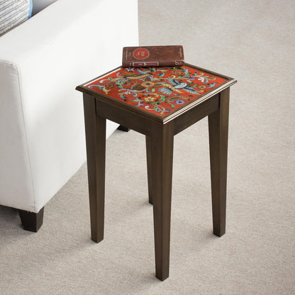 Birds in the Red Skies Floral and Bird Motif Reverse-Painted Glass Accent Table