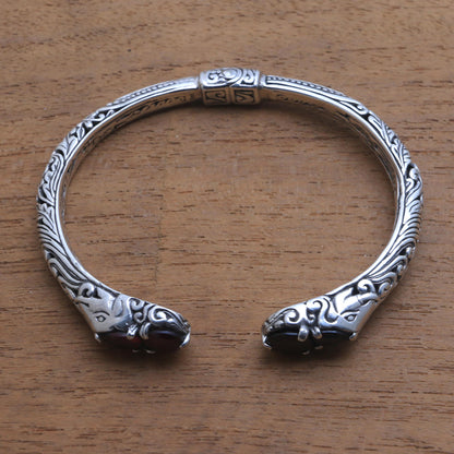 Elephant's Treasure Garnet and Sterling Silver Elephant Motif Cuff Bracelet