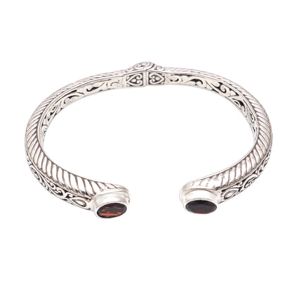 Treasure Trove Garnet Sterling Silver Scroll and Rope Motif Cuff Bracelet