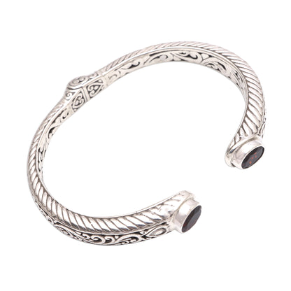 Treasure Trove Garnet Sterling Silver Scroll and Rope Motif Cuff Bracelet