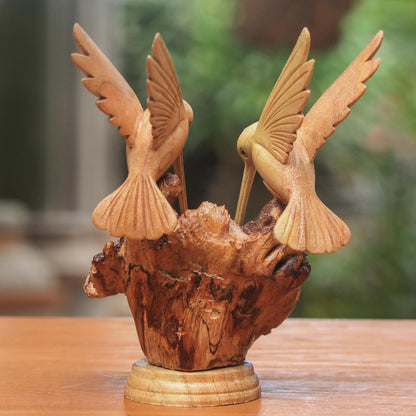 Hummingbird Couple Hand Carved Jempinis Wood Hummingbird Sculpture from Bali