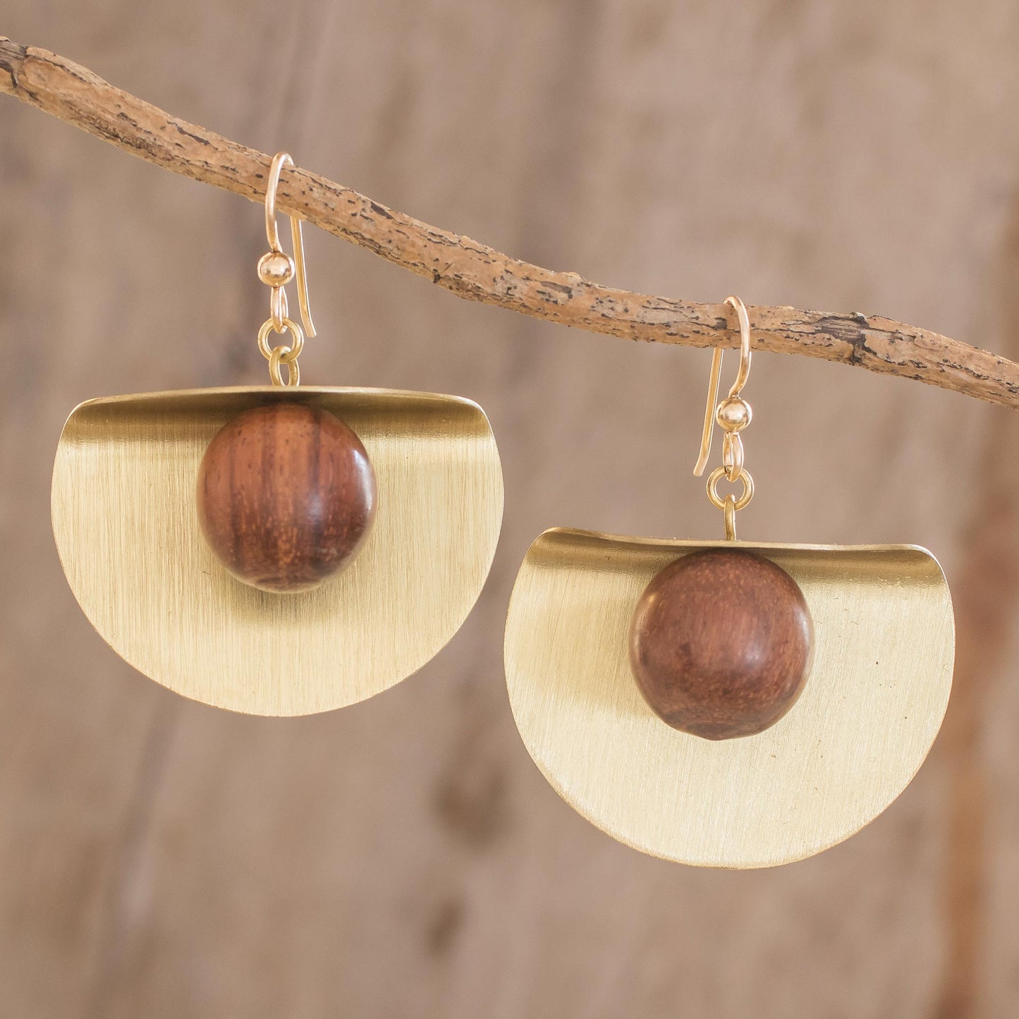 Winking Moon in Brass Brass and Wood Bead Dangle Earrings with 18K Gold Hooks