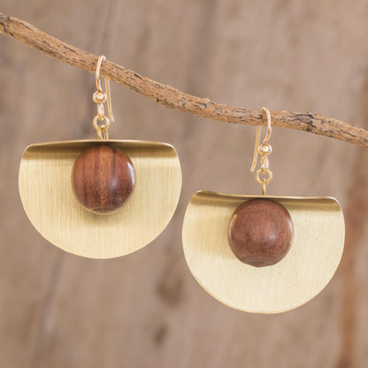 Winking Moon in Brass Brass and Wood Bead Dangle Earrings with 18K Gold Hooks