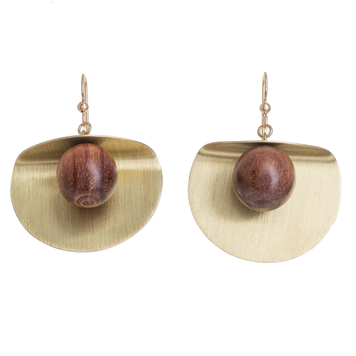 Winking Moon in Brass Brass and Wood Bead Dangle Earrings with 18K Gold Hooks