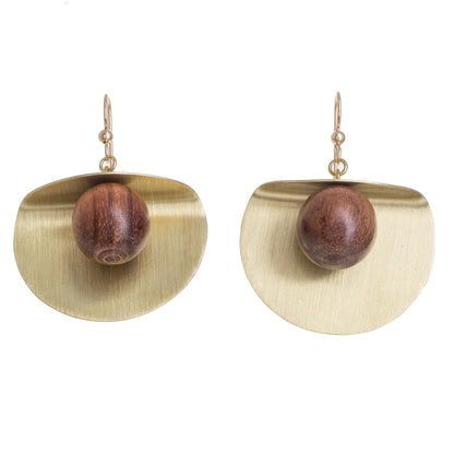 Winking Moon in Brass Brass and Wood Bead Dangle Earrings with 18K Gold Hooks