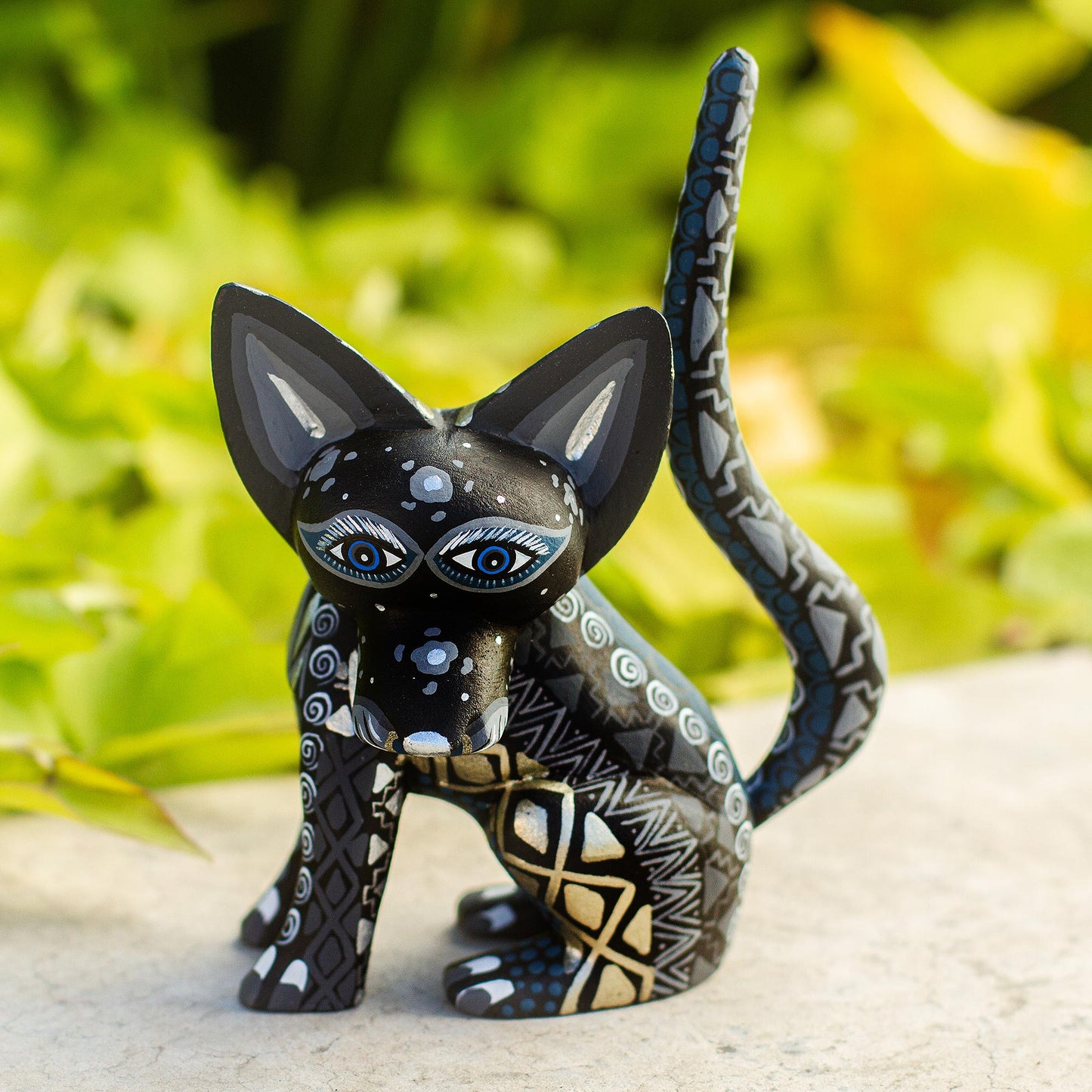 Black Fox Wood Alebrije Fox Figurine in Black from Mexico