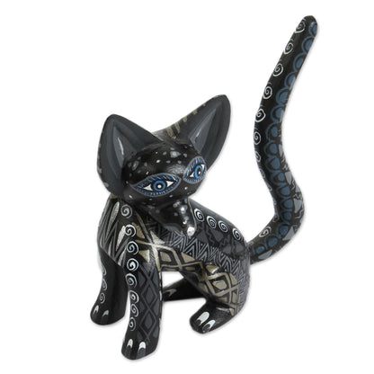 Black Fox Wood Alebrije Fox Figurine in Black from Mexico