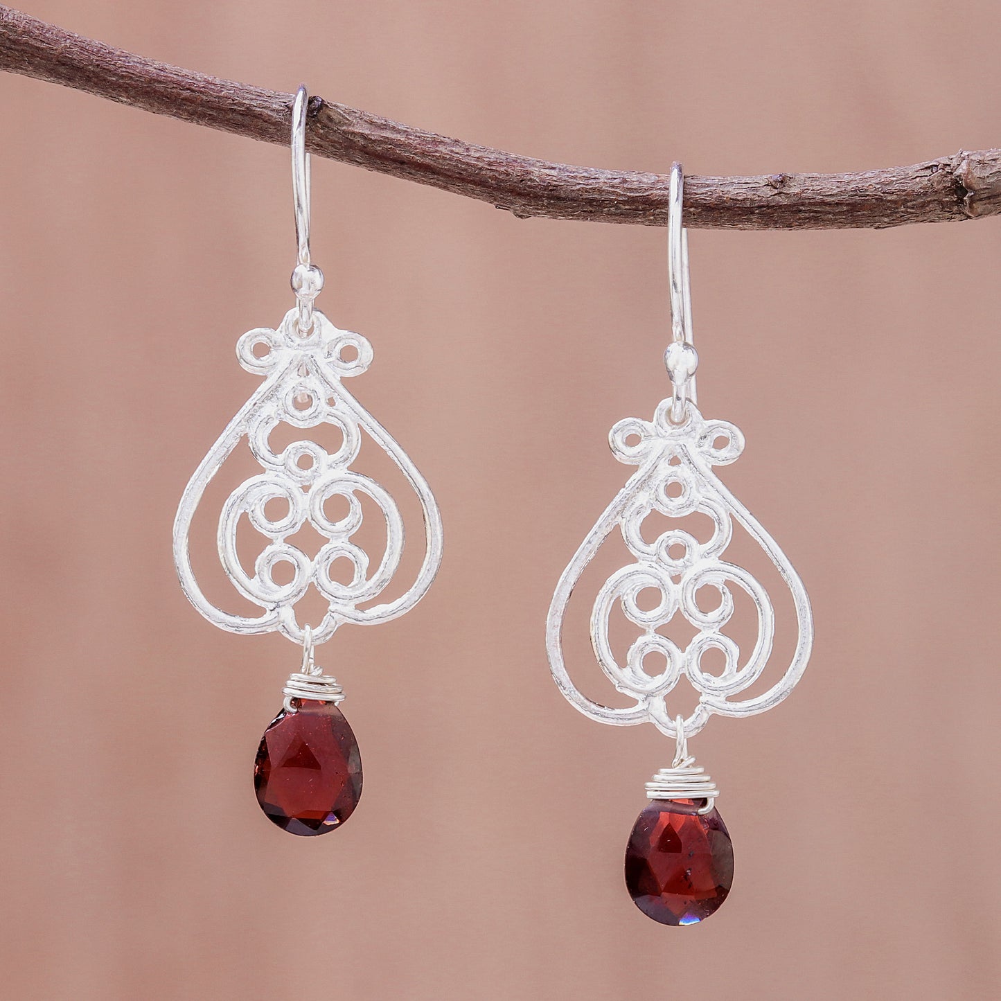 Swirling Beauty Swirl Pattern Garnet Dangle Earrings Crafted in Thailand