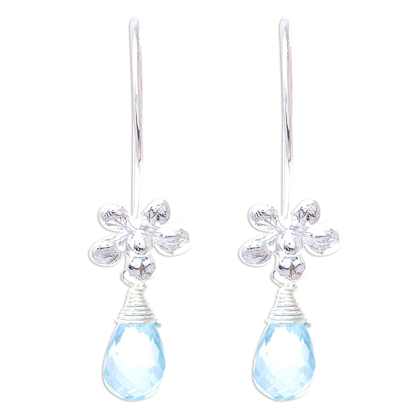 Daisy Glitter Floral Faceted Blue Topaz Dangle Earrings from Thailand