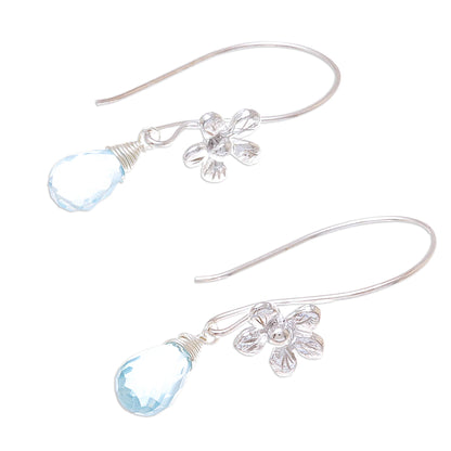 Daisy Glitter Floral Faceted Blue Topaz Dangle Earrings from Thailand