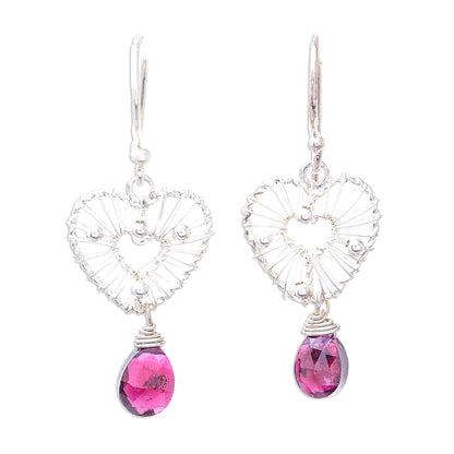 Web of Love Heart-Shaped Faceted Garnet Dangle Earrings from Thailand