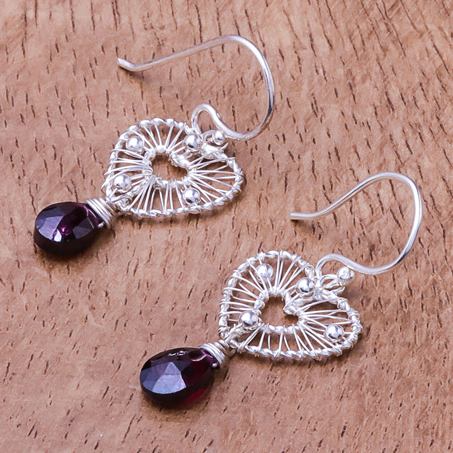 Web of Love Heart-Shaped Faceted Garnet Dangle Earrings from Thailand