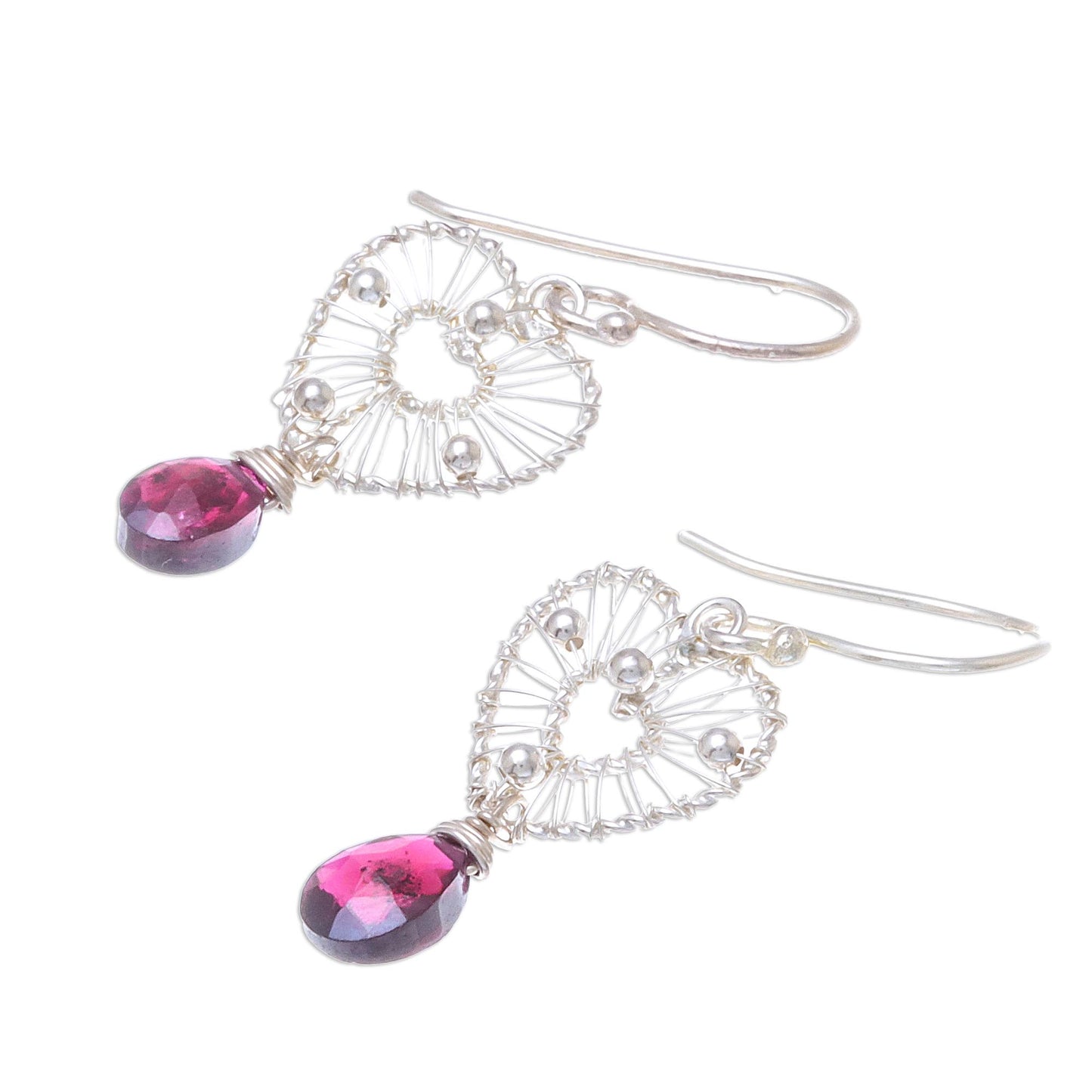 Web of Love Heart-Shaped Faceted Garnet Dangle Earrings from Thailand