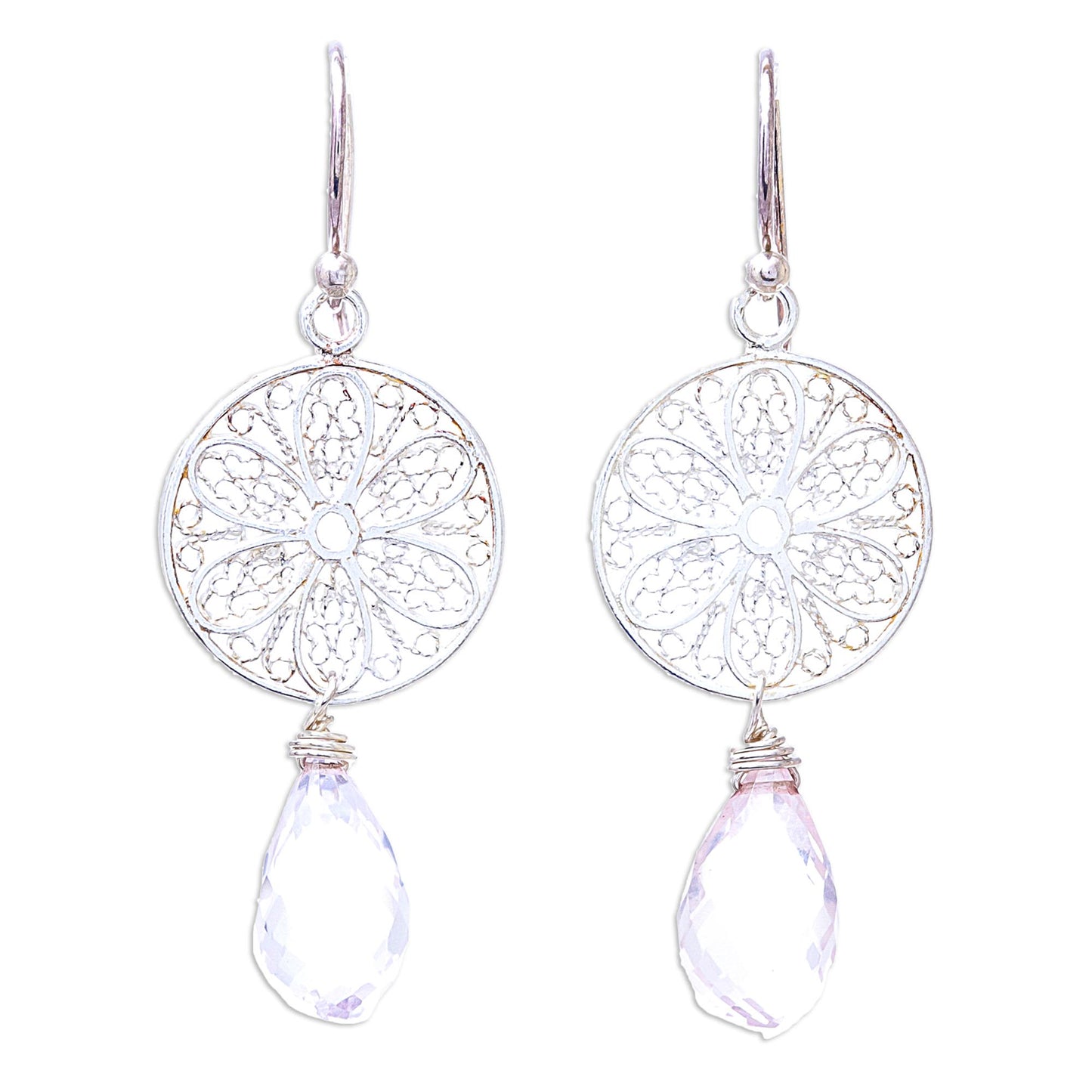 Glittering Web Web Motif Rose Quartz Dangle Earrings from Thailand