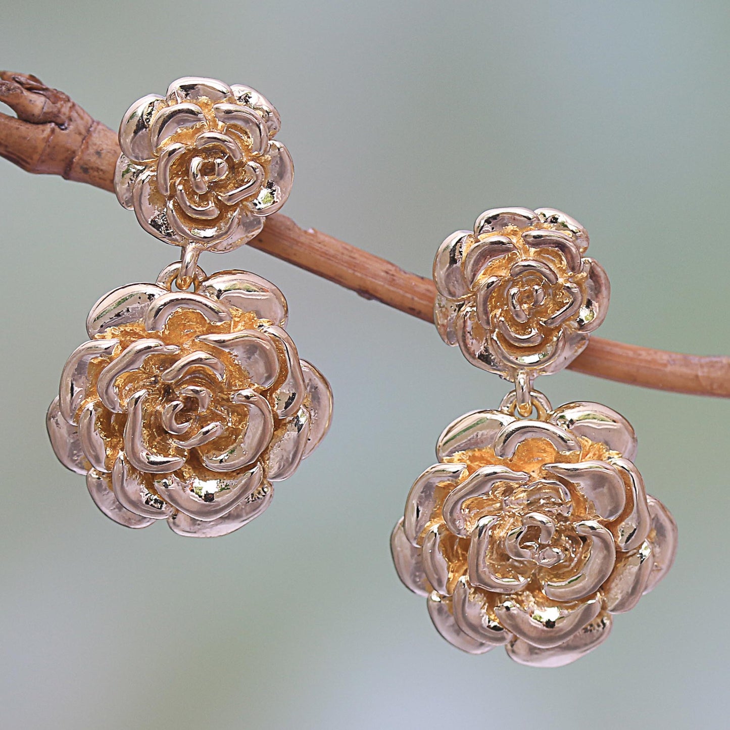 Blooming Rose 18k Gold Plated Sterling Silver Rose Dangle Earrings