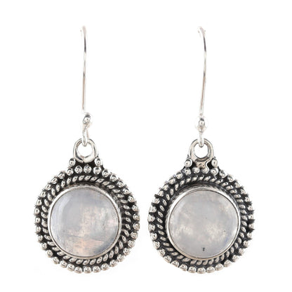 Moonlight Dots Round Rainbow Moonstone Dangle Earrings from India